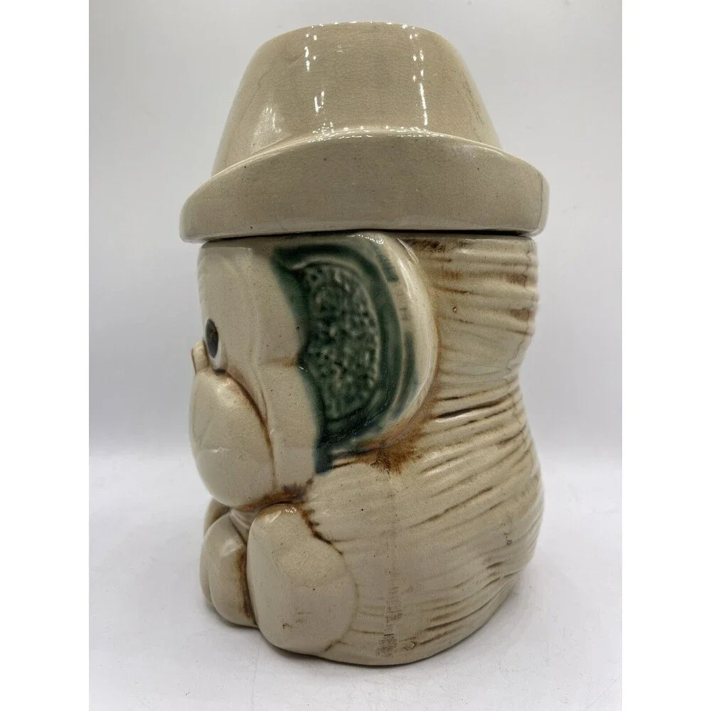 Vintage Ceramic Tan Brown Monkey Green Ears w/ Hat Cookie Jar